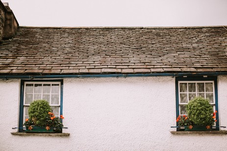 White house with blue windows and flowers in windows